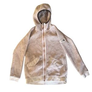 The North Face women’s light mauve fuzzy Sherpa hoodie zip jacket Sz S